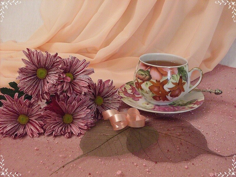 Tea and flowers on pink cloth