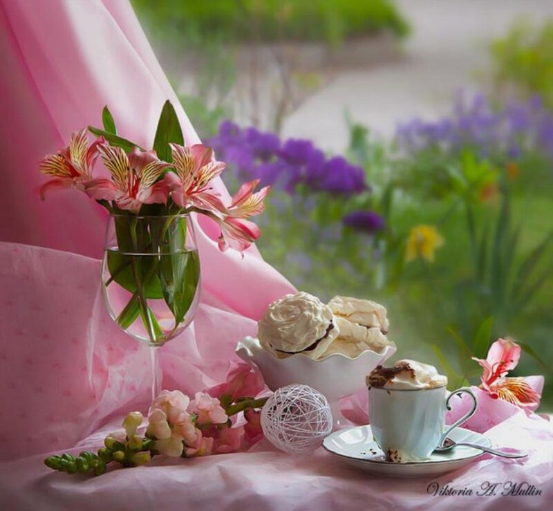 Tea and Flowers on Table — Pink