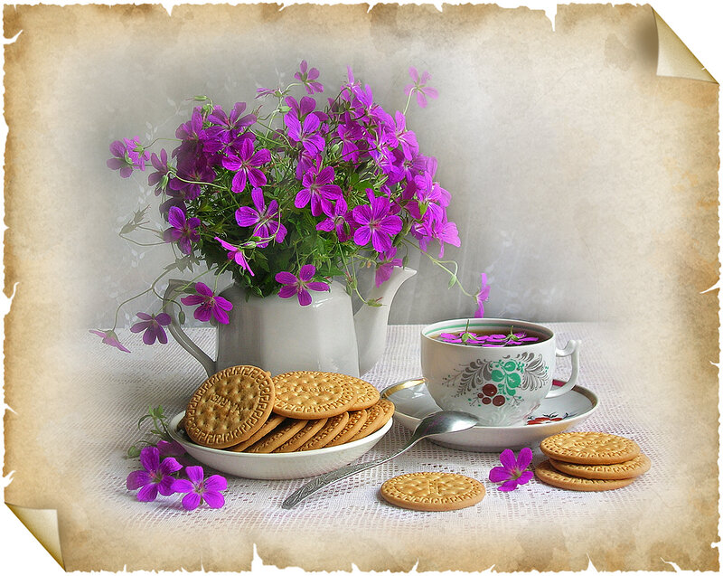 Tea and Flowers on Table — Purple