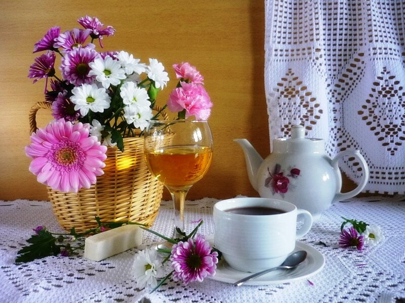 Tea and Flowers on Table