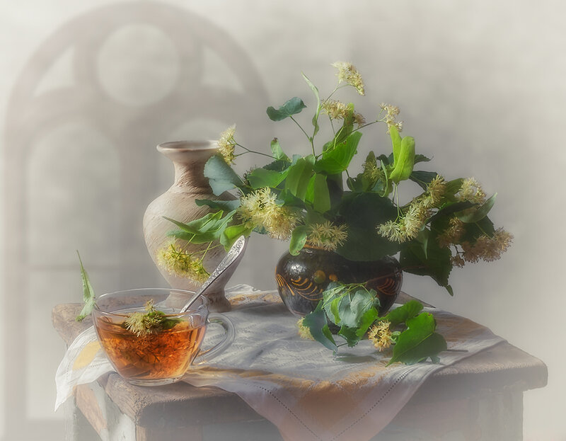 Tea and Flowers on Table — White, Serene
