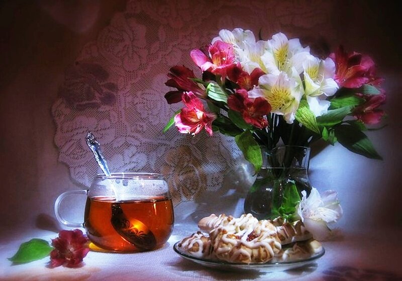Tea and Flowers on Table — White
