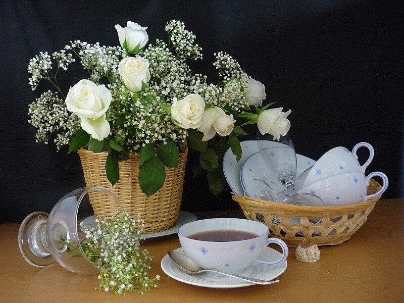 Tea and flowers still life