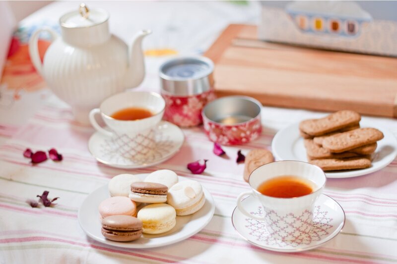 Tea and Macarons on Table — White