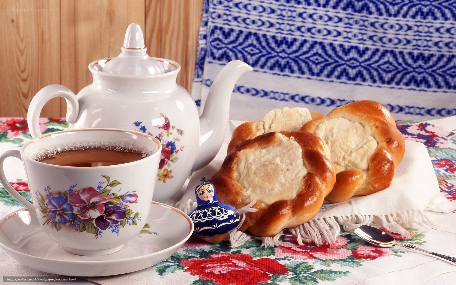 Tea and pastries on table