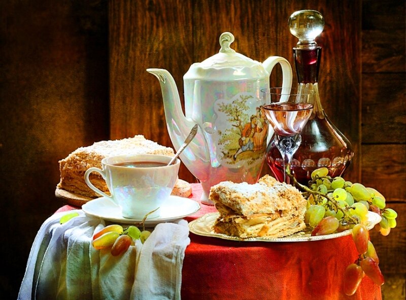 Tea and Pastries on Table — Red