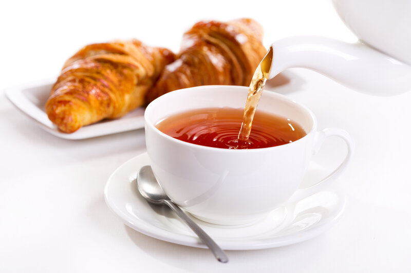 Tea Being Poured into Cup — White, Calm, Morning, Photograph, Croissant