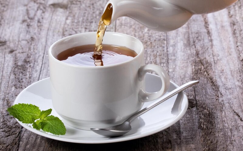 Tea Being Poured into Cup — White, Calm, Photograph, Mint Leaves