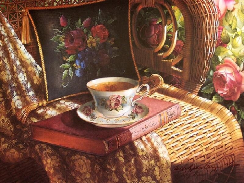 Tea Cup on Book — Brown, Serene, Painting