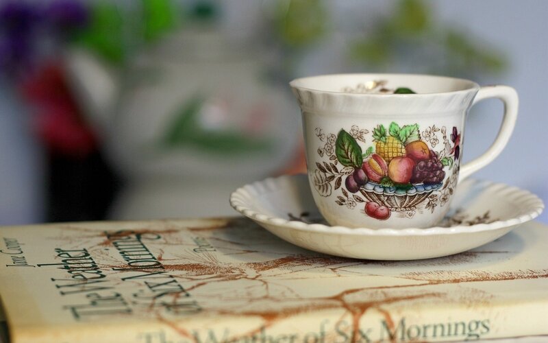 Tea Cup on Book — White, Serene, Morning, Photograph, Saucer