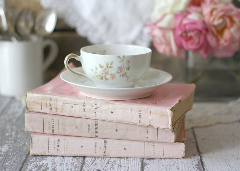 Tea Cup on Books — Pink, Serene, Photograph