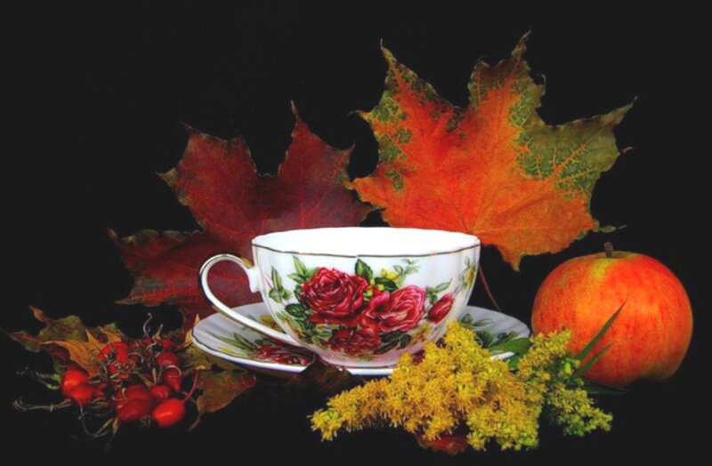 Tea Cup with Autumn Leaves