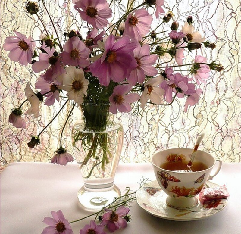 Tea Cup with Cosmos Flowers