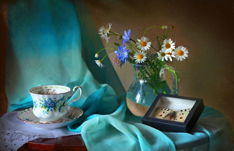 Tea Cup with Flowers — Blue, Serene, Painting