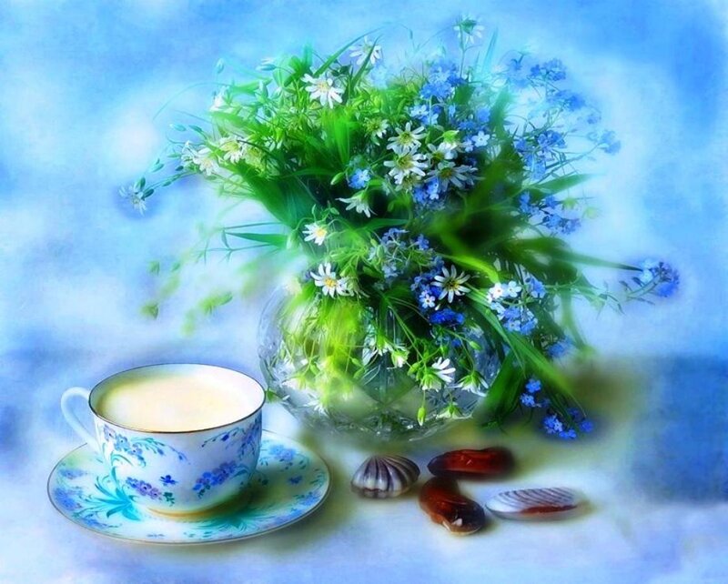 Tea Cup with Flowers — Blue, Serene