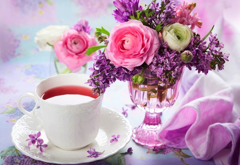 Tea Cup with Flowers — Pink, Serene, Morning, Photograph, Vase