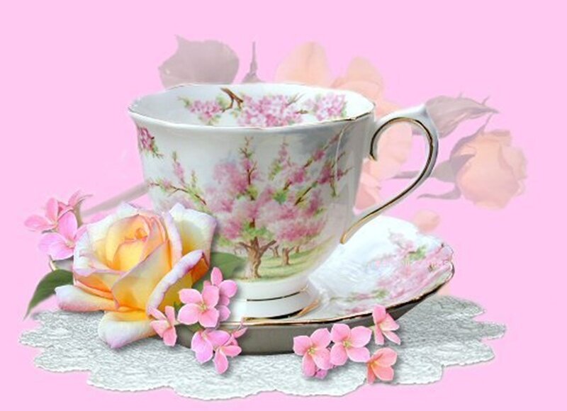 Tea Cup with Flowers — Pink, Serene, Spring, Illustration