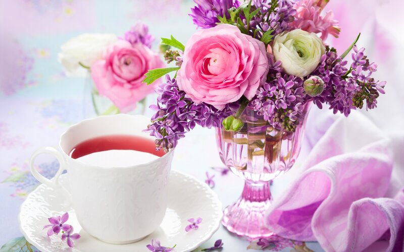 Tea Cup with Flowers — Pink, Serene, Spring, Photograph, Saucer, Napkin