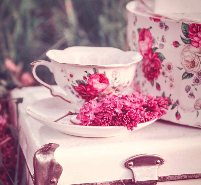 Tea Cup with Flowers — Pink, Serene, Spring, Photograph, Saucer, Suitcase