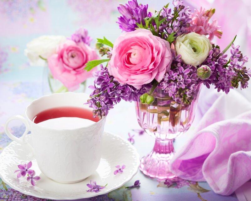Tea Cup with Flowers — Pink, Serene, Spring, Photograph, Vase