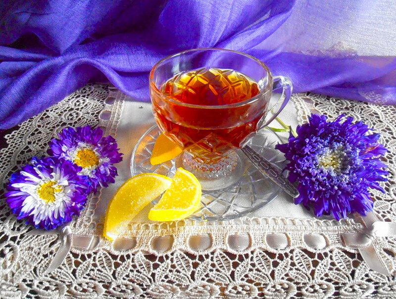 Tea Cup with Flowers — Purple, Serene, Photograph, Lemon Slices