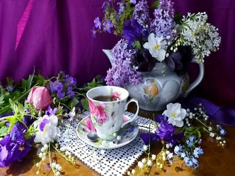 Tea Cup with Flowers — Purple, Serene, Photograph