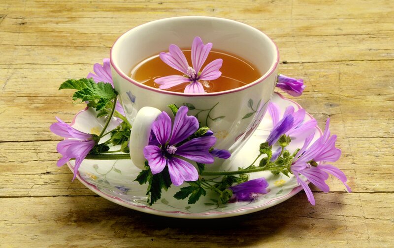 Tea Cup with Flowers — Purple, Serene, Photograph, Wooden Surface
