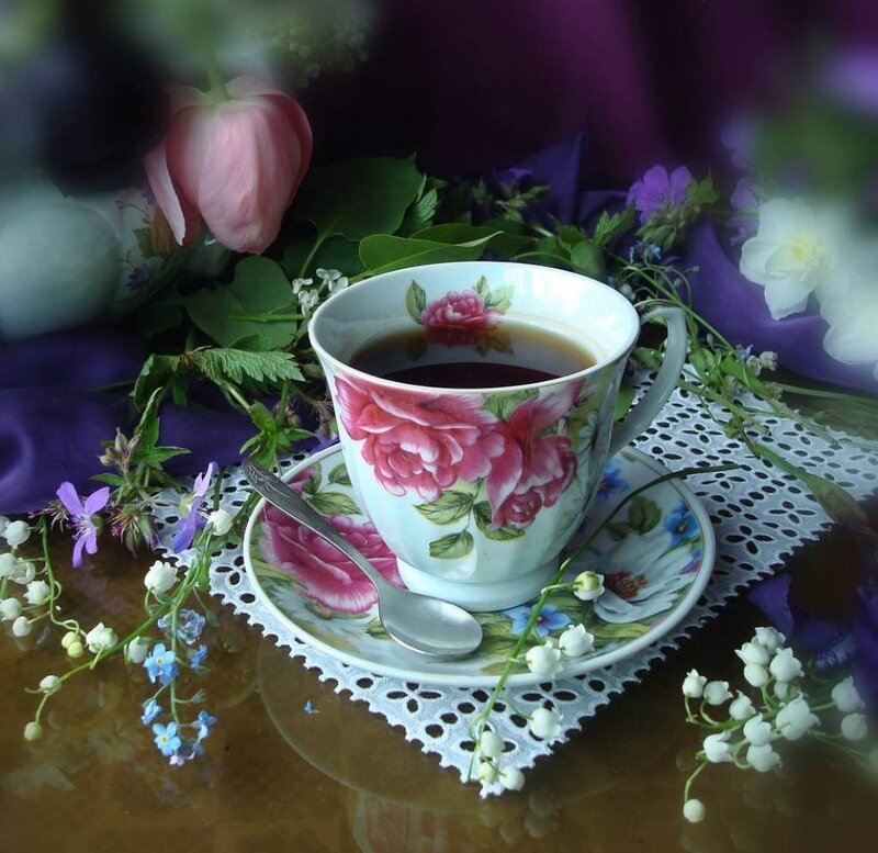 Tea Cup with Flowers — Purple, Serene, Spring, Photograph