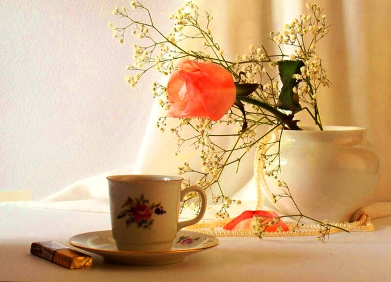 Tea Cup with Flowers — White, Serene, Morning