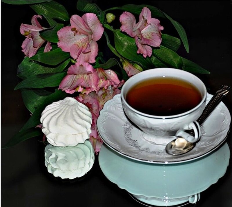 Tea Cup with Flowers — White, Serene, Photograph, Marshmallows