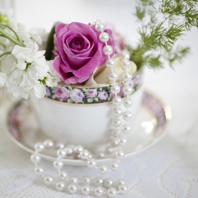 Tea Cup with Flowers — White, Serene, Photograph, Rose