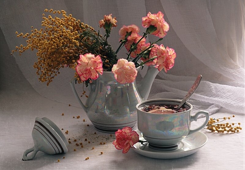 Tea Cup with Flowers — White, Serene, Photograph, Teacup