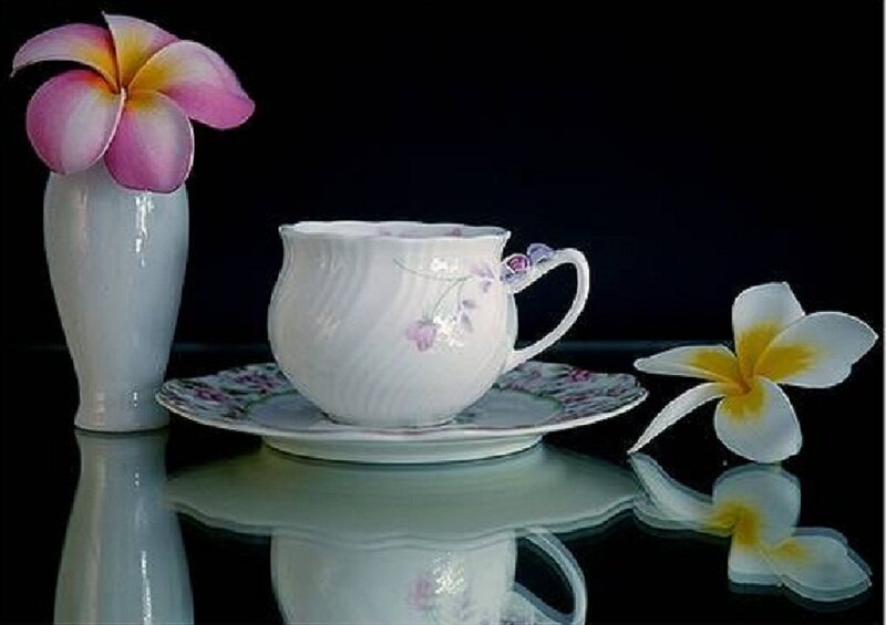 Tea Cup with Flowers — White, Serene, Photograph, Vase