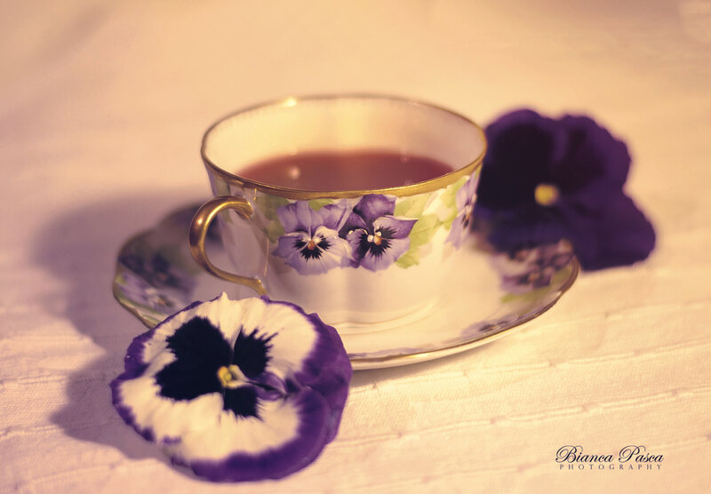 Tea Cup with Pansies — Purple