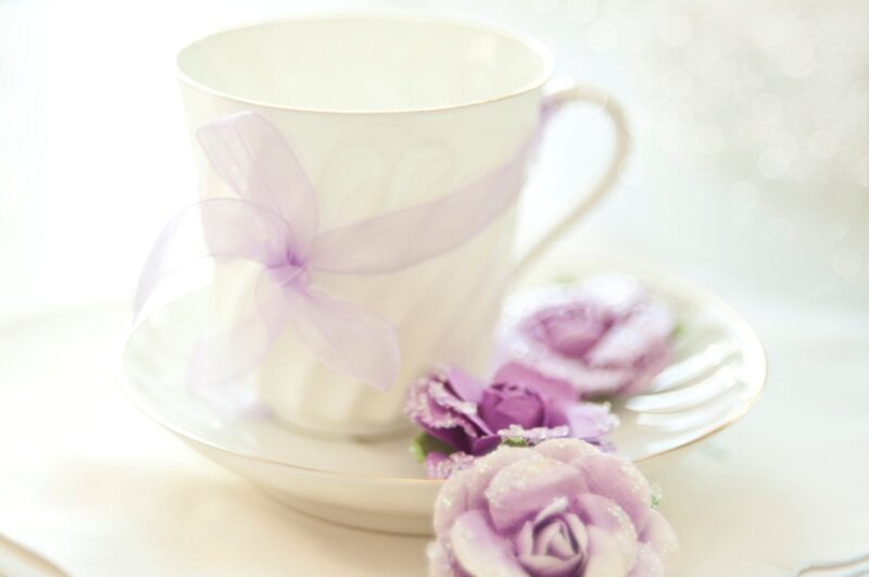 Tea Cup with Purple Flowers — White, Serene