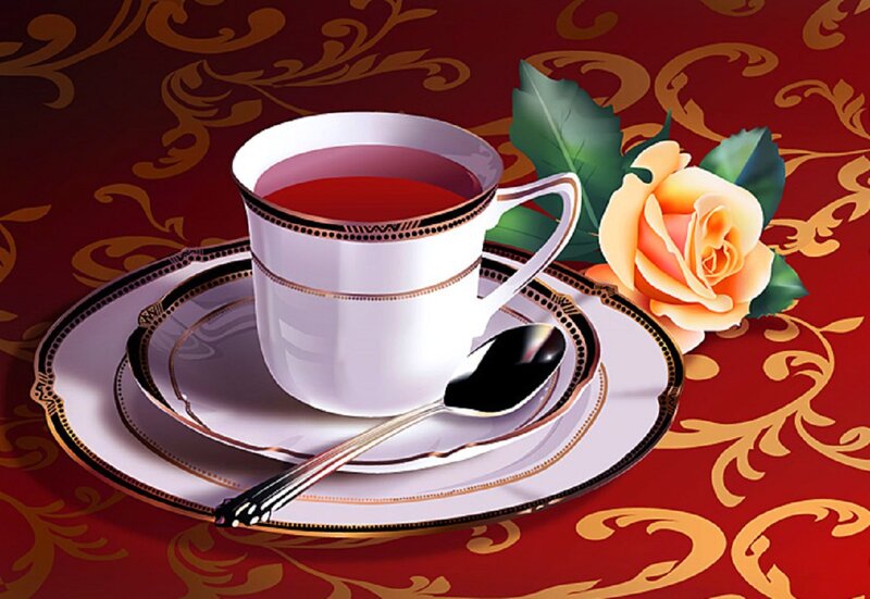 Tea Cup with Rose — Red, Elegant, Digital Art