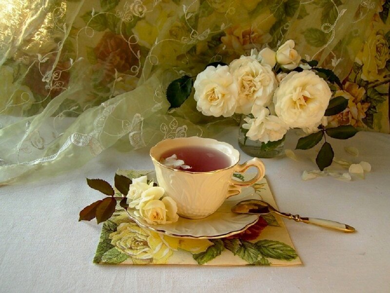 Tea Cup with Roses — White, Serene, Morning