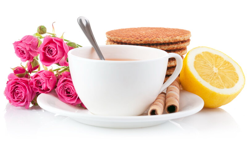 Tea Cup with Roses — White, Serene, Photograph, Lemon