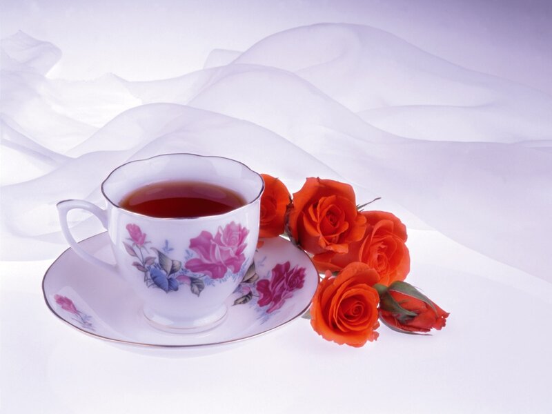 Tea Cup with Roses — White, Serene, Photograph, Silk Fabric