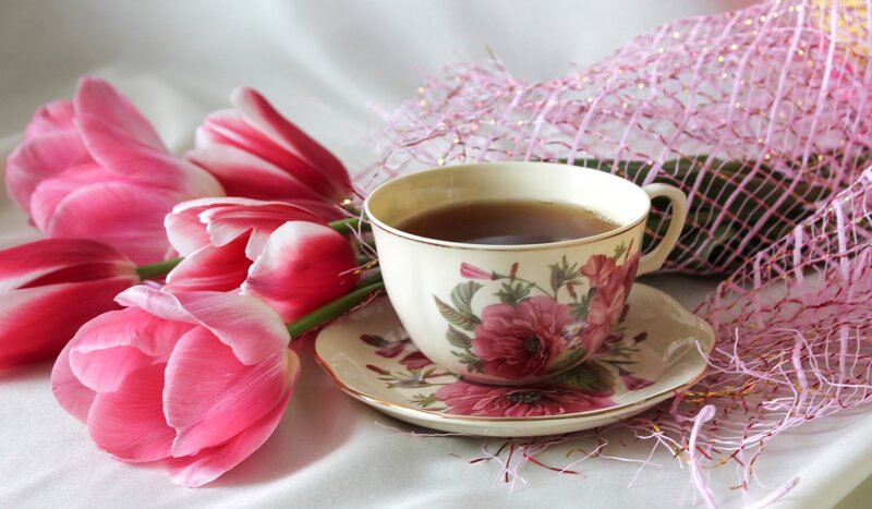 Tea Cup with Tulips — Pink, Serene, Photograph