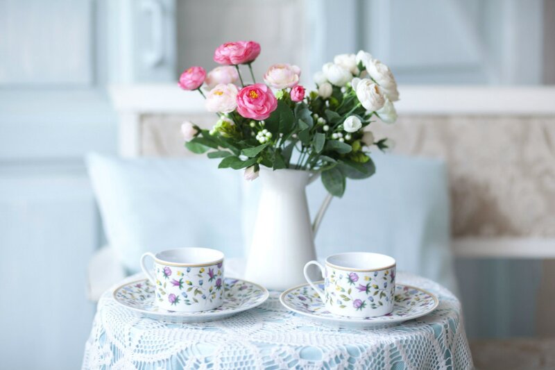 Tea Cups with Flowers — White, Serene, Morning