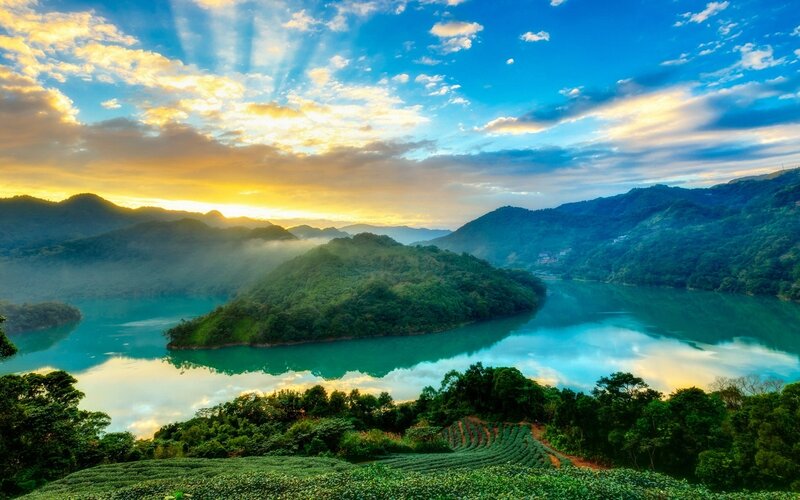 Tea Fields and Lake — Blue