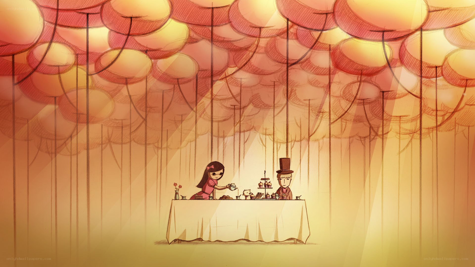 Tea party under glowing lanterns