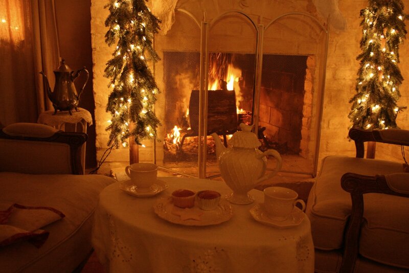 Tea Set by Fireplace — Brown