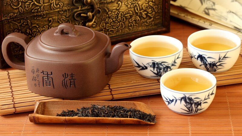 Tea Set on Bamboo Mat — Brown, Serene, Photograph, Teapot, Cups
