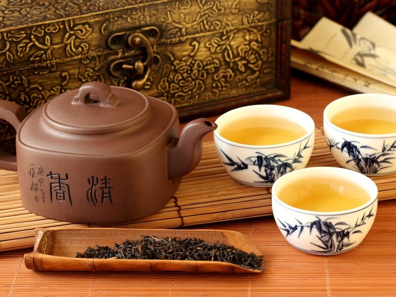 Tea Set on Bamboo Mat — Brown, Serene, Photograph