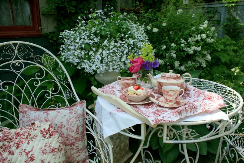 Tea Set on Garden Table — White, Serene, Afternoon, Photograph, Flowers