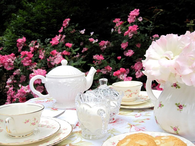 Tea Set on Garden Table — White, Serene, Afternoon, Photograph, Roses