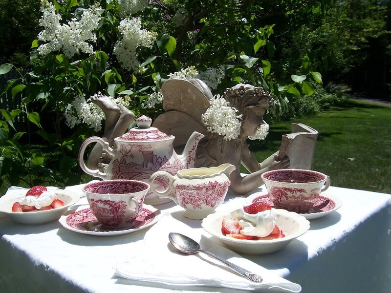 Tea Set on Garden Table — White, Serene, Afternoon, Photograph, Statue