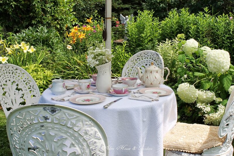 Tea Set on Garden Table — White, Serene, Afternoon, Photograph